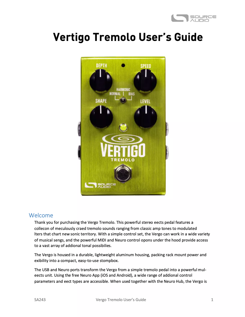 Page n°1 - Manuel utilisateur Source Audio Vertigo Tremolo