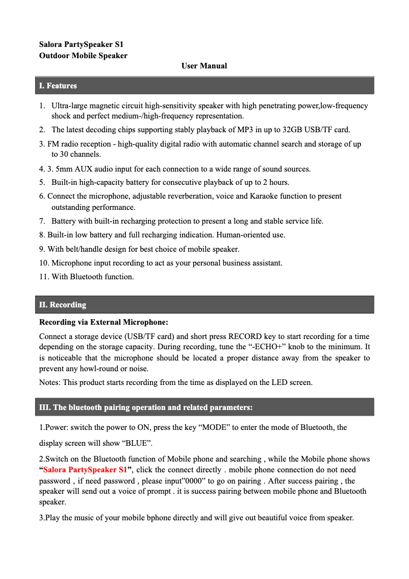 Page n°1 - Manuel utilisateur Salora PartySpeaker S1