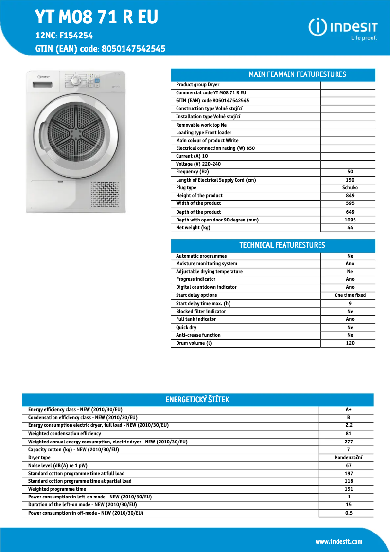 Page n°1 - Fiche technique Indesit YT M08 71 R EU