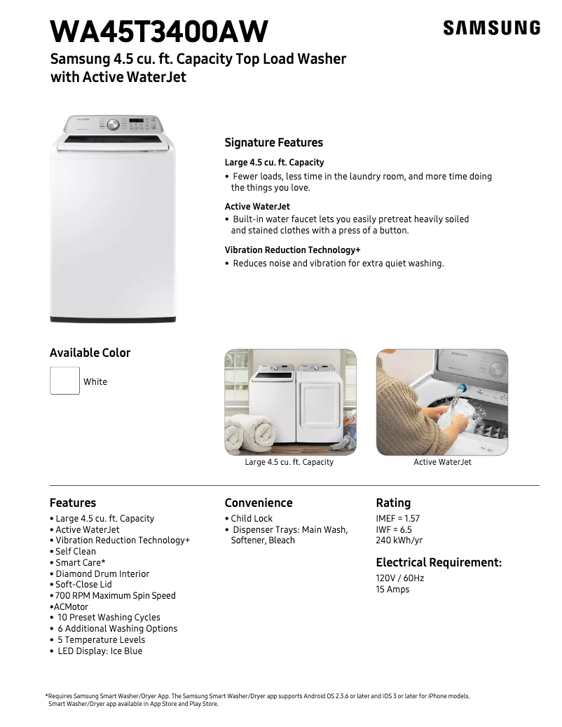 Page 1 de la notice Fiche technique Samsung WA45T3400AW