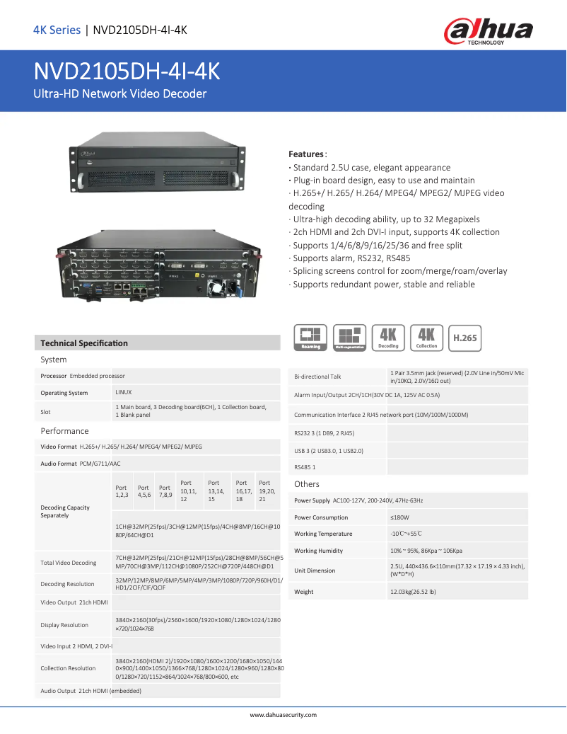 Page 1 de la notice Fiche technique Dahua Technology NVD2105DH-4I-4K