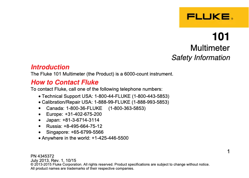 Page 1 de la notice Instructions de sécurité Fluke 101