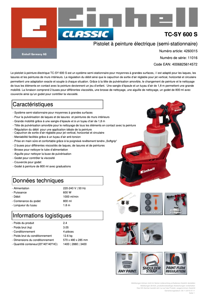Page n°1 - Fiche technique Einhell TC-SY 600 S