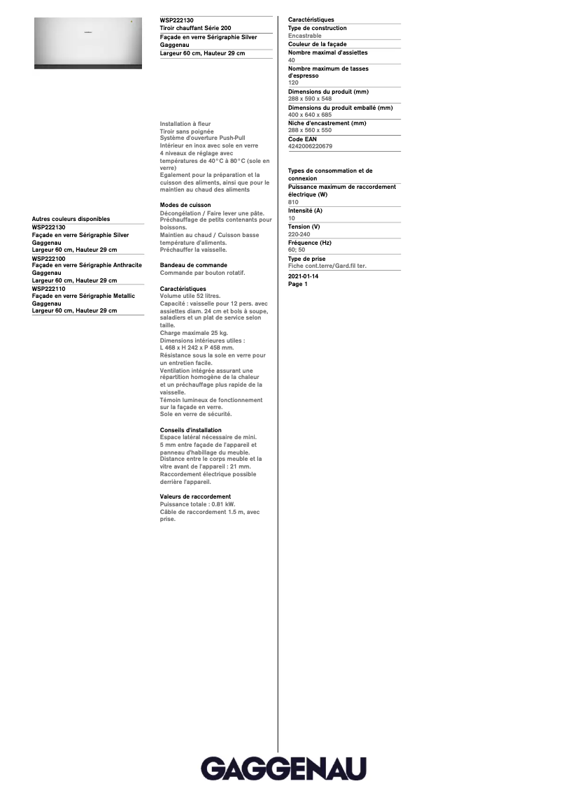 Page 1 de la notice Fiche technique Gaggenau WSP222130