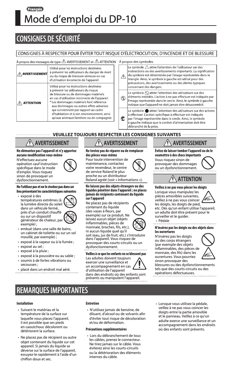 Page 1 de la notice Manuel utilisateur Roland DP-10