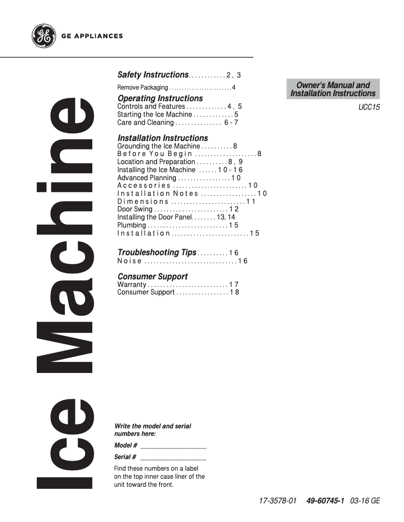 Page 1 de la notice Manuel utilisateur GE UCC15NJII