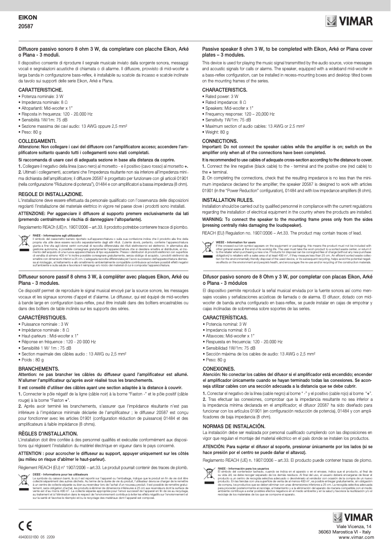 Page 1 de la notice Manuel utilisateur Vimar 20587.B