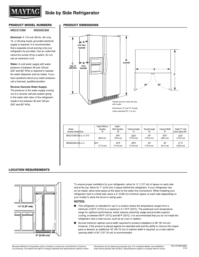Page 1 de la notice Fiche technique Maytag MSS26C6MF