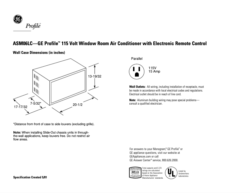 Página 1 del manual Ficha técnica GE Profile ASM06LC