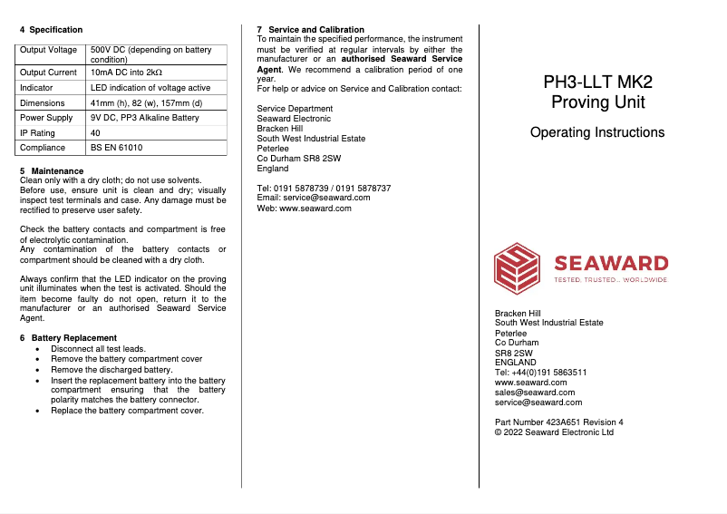 Page 1 de la notice Manuel utilisateur Seaward PH3-LLT MK2