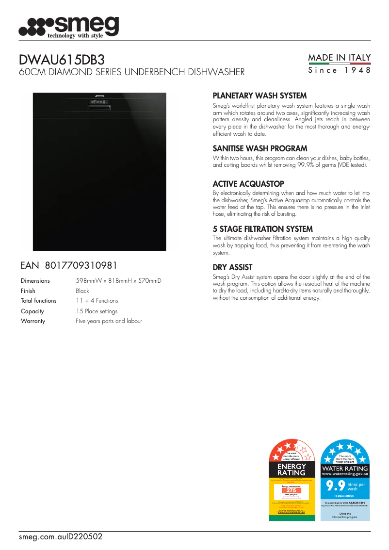 Page n°1 - Fiche technique Smeg DWAU615DB3