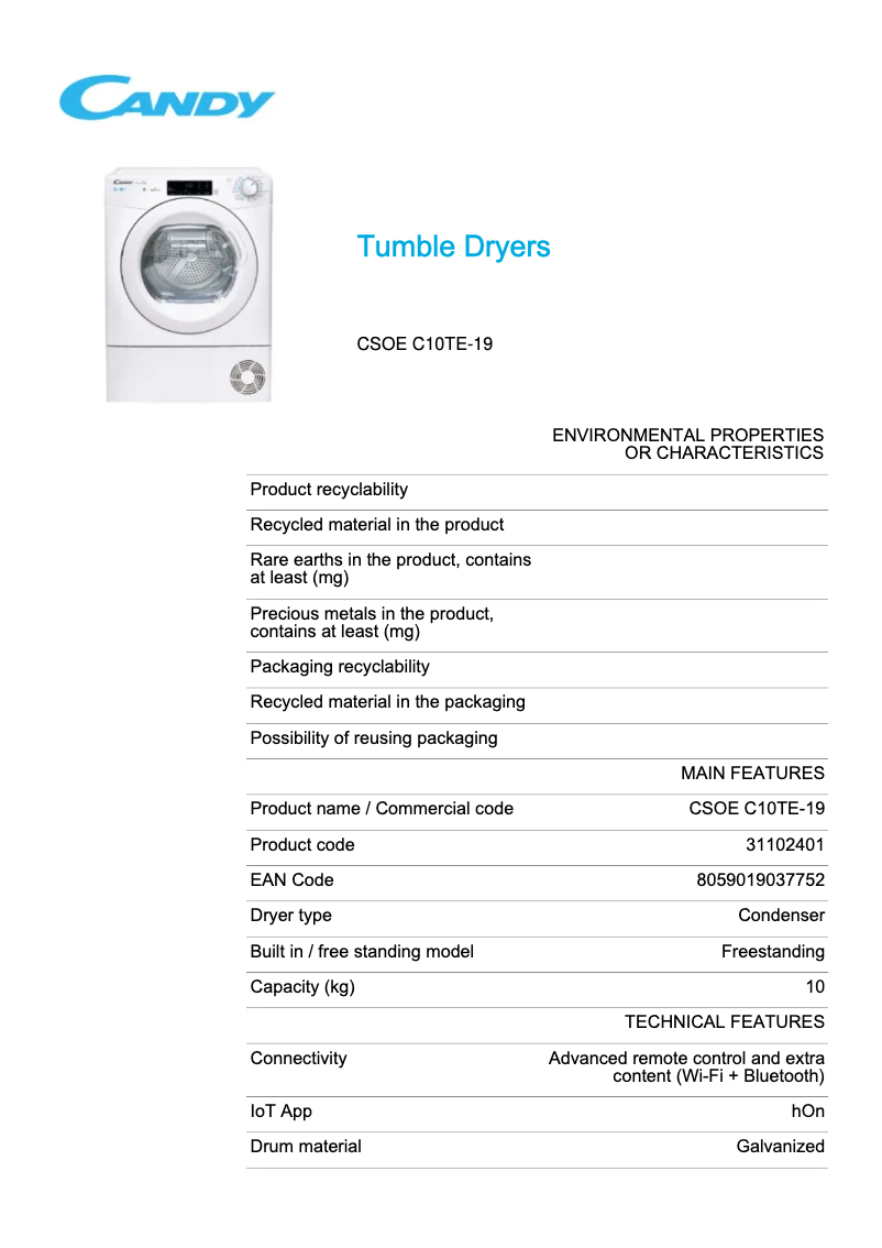 Page 1 de la notice Fiche technique Candy CSOE C10TE-19