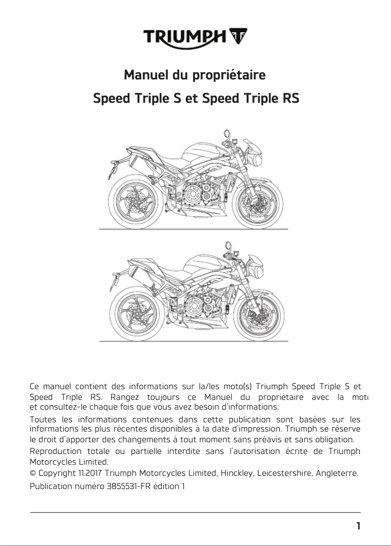 Page 1 de la notice Manuel utilisateur Triumph Speed Triple RS (2018)