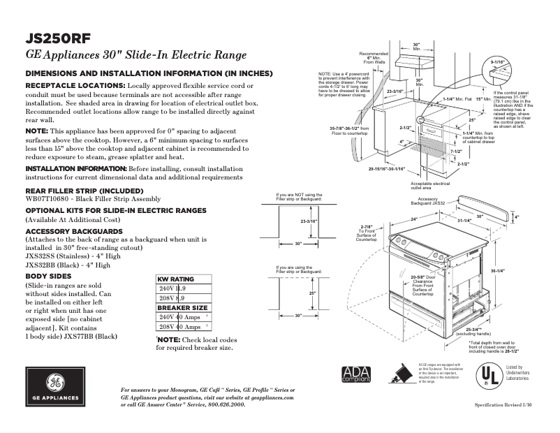 Page n°1 - Fiche technique GE JS250RFSS