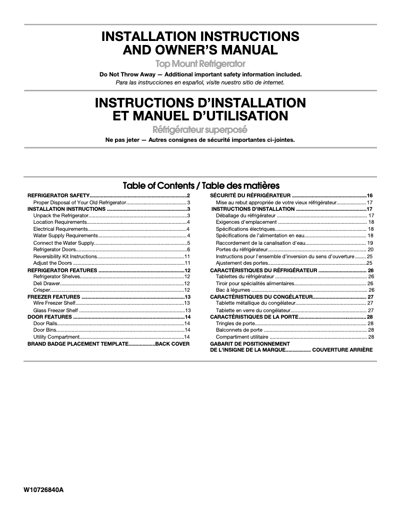 Page 1 de la notice Guide de démarrage rapide Whirlpool WRT311FZDW