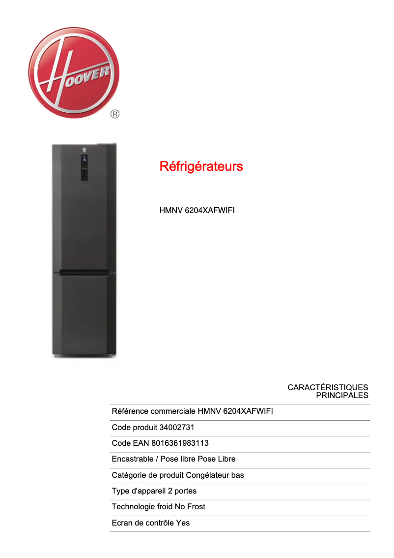 Page n°1 - Fiche technique Hoover HMNV 6204XAFWIFI