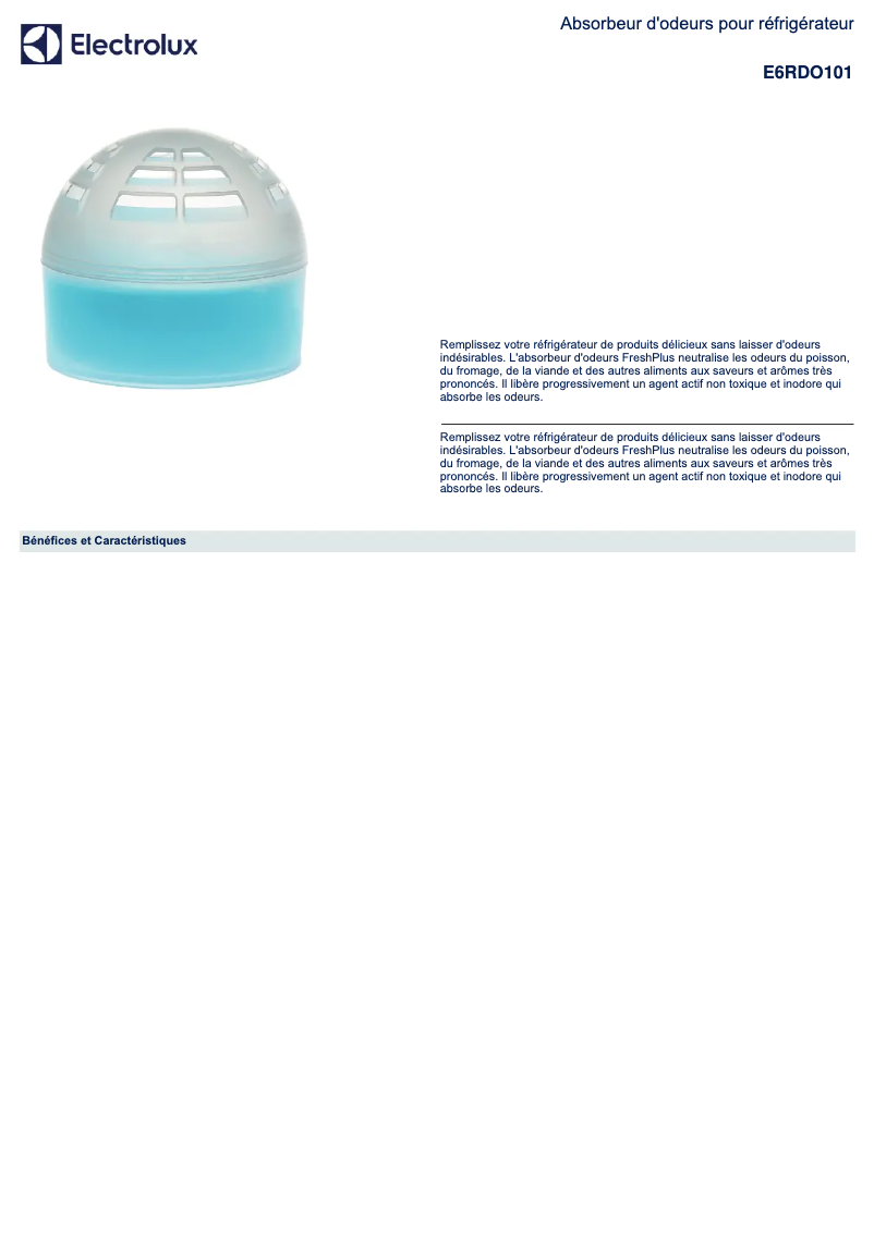 Page 1 de la notice Fiche technique Electrolux E6RDO101