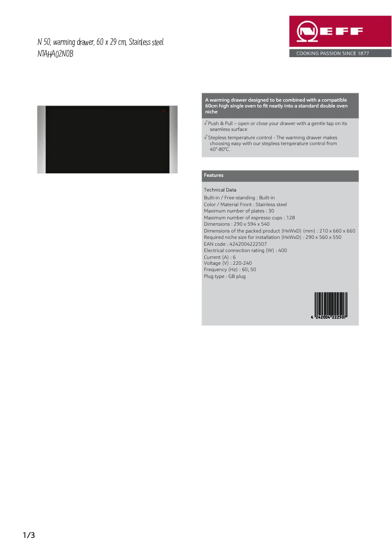Page 1 de la notice Fiche technique Neff N1AHA02N0B