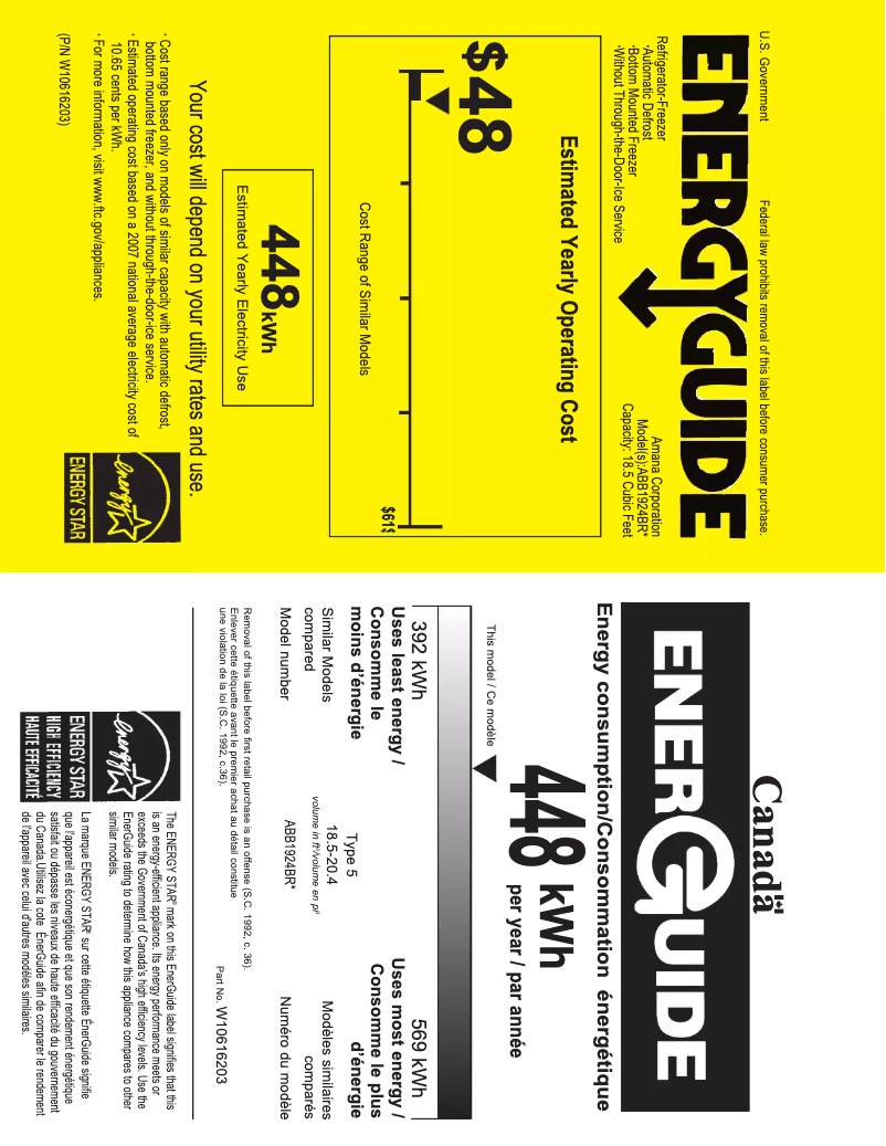 Page 1 de la notice Label énergétique Amana ABB2224BRB