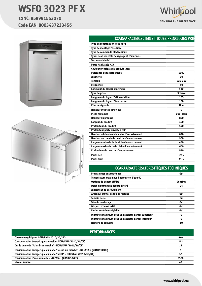 Page n°1 - Fiche technique Whirlpool WSFO 3O23 PF X