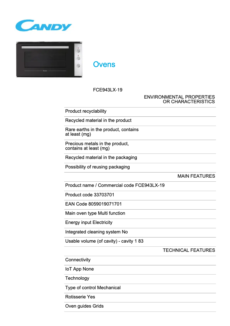 Page 1 de la notice Fiche technique Candy FCE943LX-19