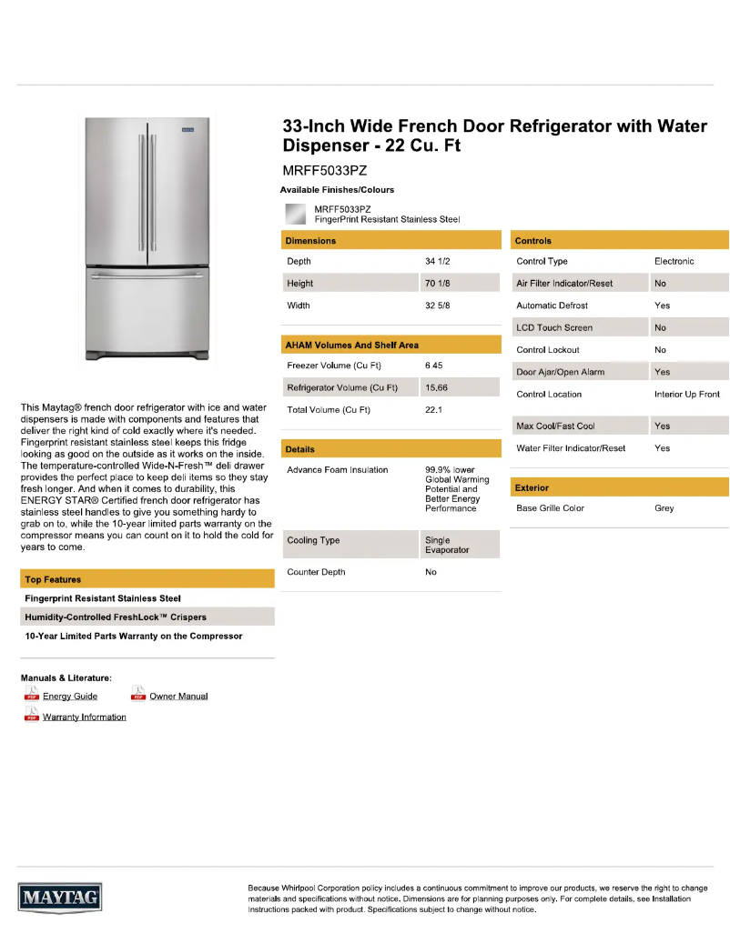 Page 1 de la notice Fiche technique Maytag MRFF5033PZ