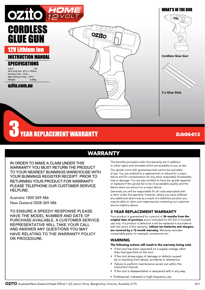 Page 1 de la notice Manuel utilisateur Ozito ZLGGS-012