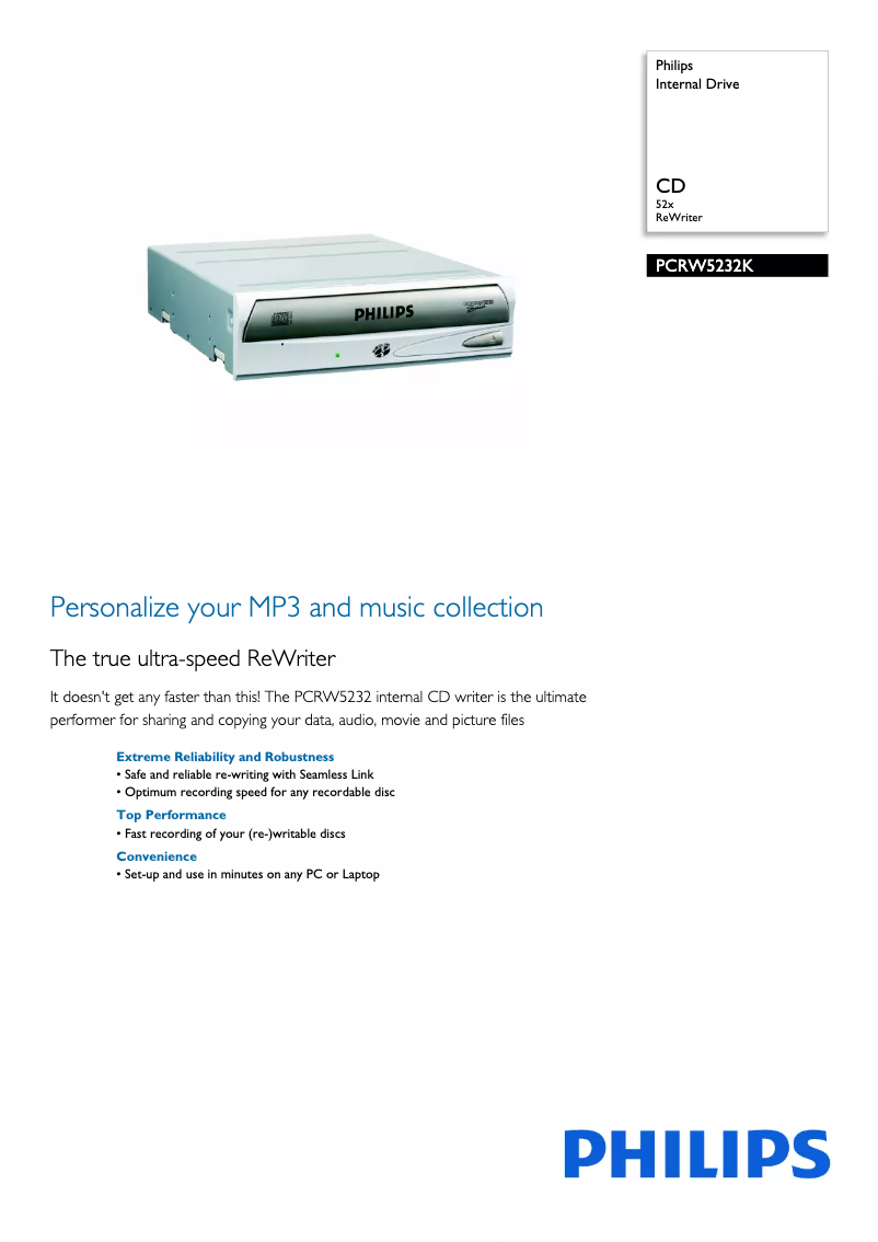 Page 1 de la notice Fiche technique Philips PCRW5232K