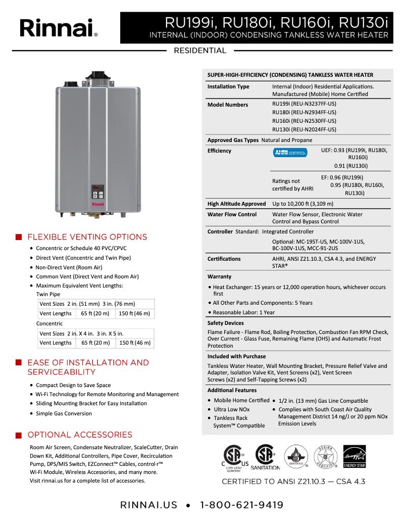 Page 1 de la notice Fiche technique Rinnai RU160iP
