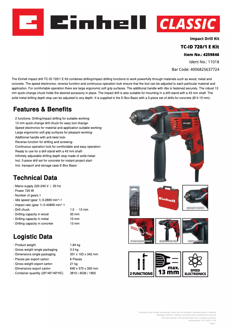 Page n°1 - Fiche technique Einhell TC-ID 720/1 E Kit
