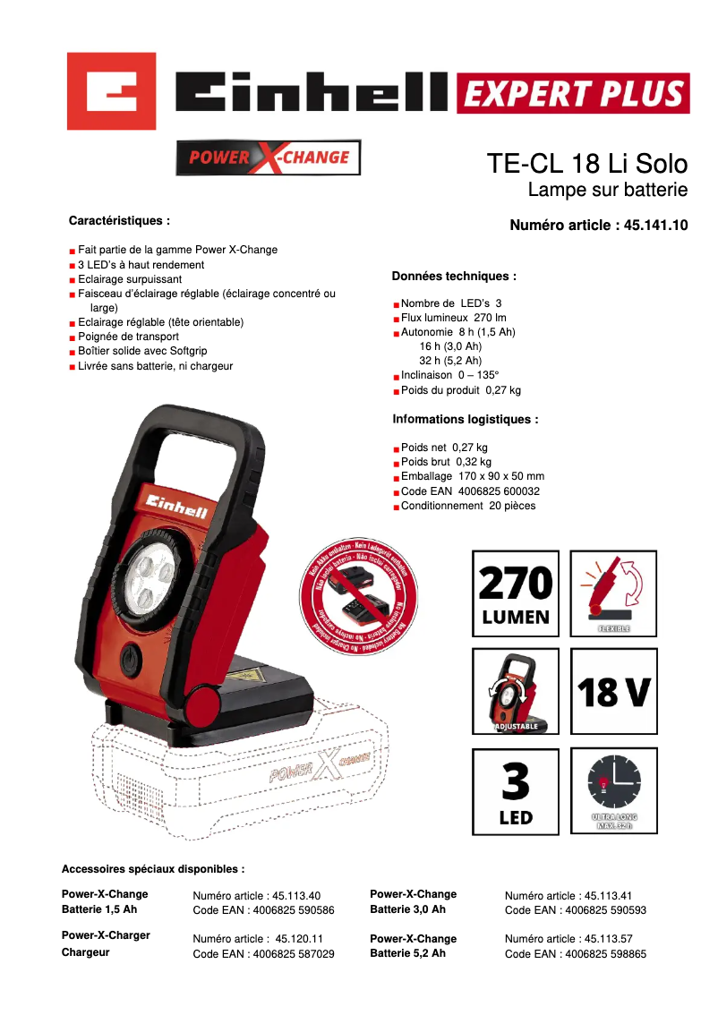 Page n°1 - Fiche technique Einhell TE-CL 18 Li - Solo
