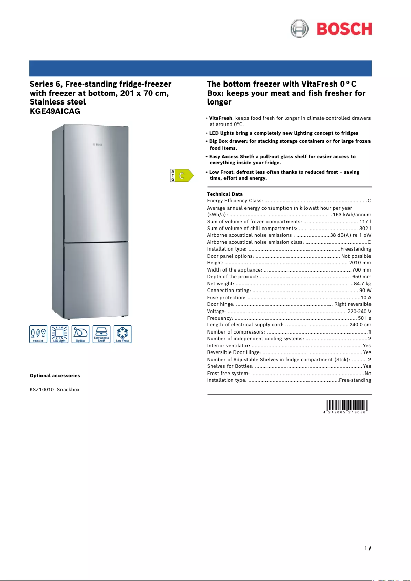 Page n°1 - Fiche technique Bosch KGE49AICAG