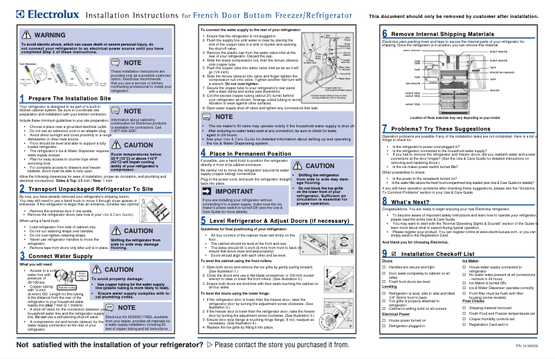 Page 1 de la notice Guide d'installation Electrolux EW28BS70IS
