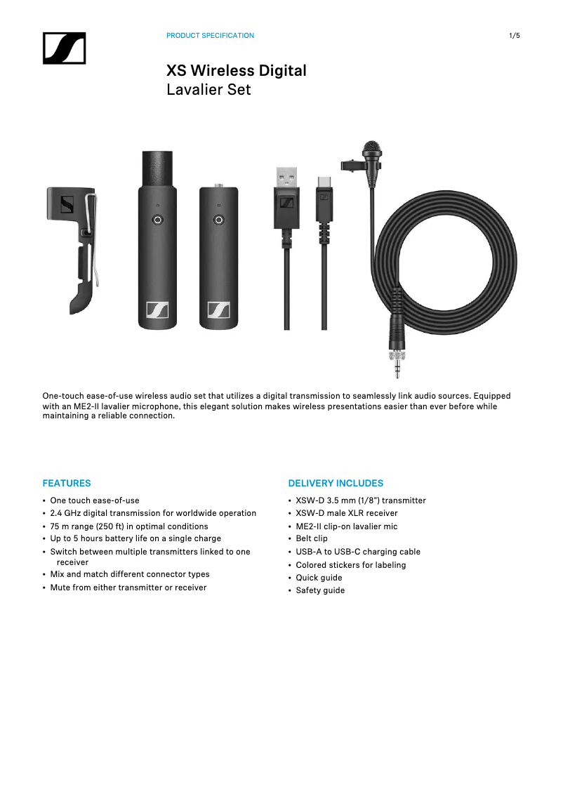 Page 1 de la notice Fiche technique Sennheiser XSW-D Lavalier Set