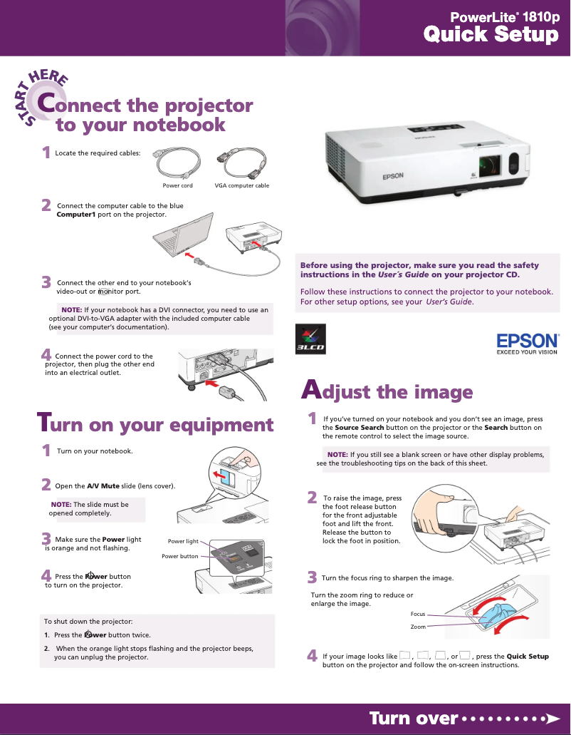 Page 1 de la notice Guide de démarrage rapide Epson PowerLite 1810p