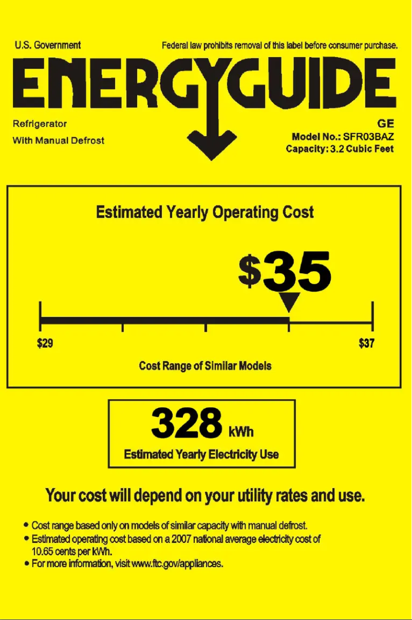 Page 1 de la notice Label énergétique GE SFR03BAZBB
