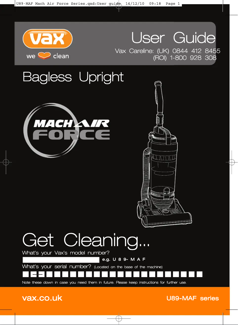 Page 1 de la notice Manuel utilisateur Vax Air Force Total Home