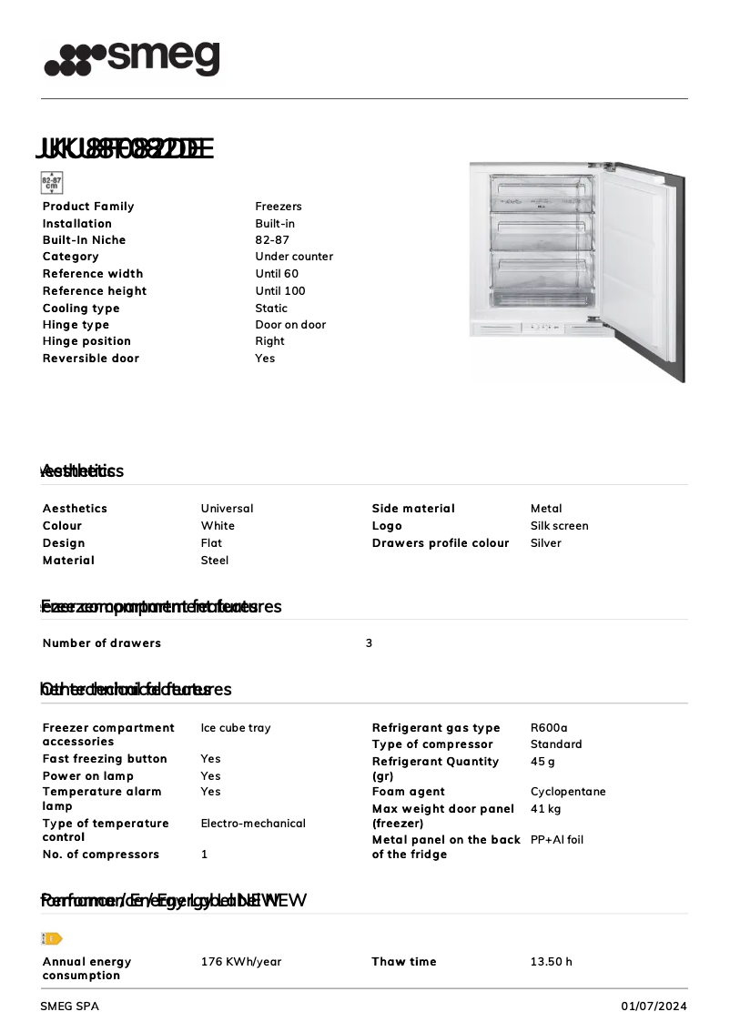 Page 1 de la notice Fiche technique Smeg UKU8F082DE