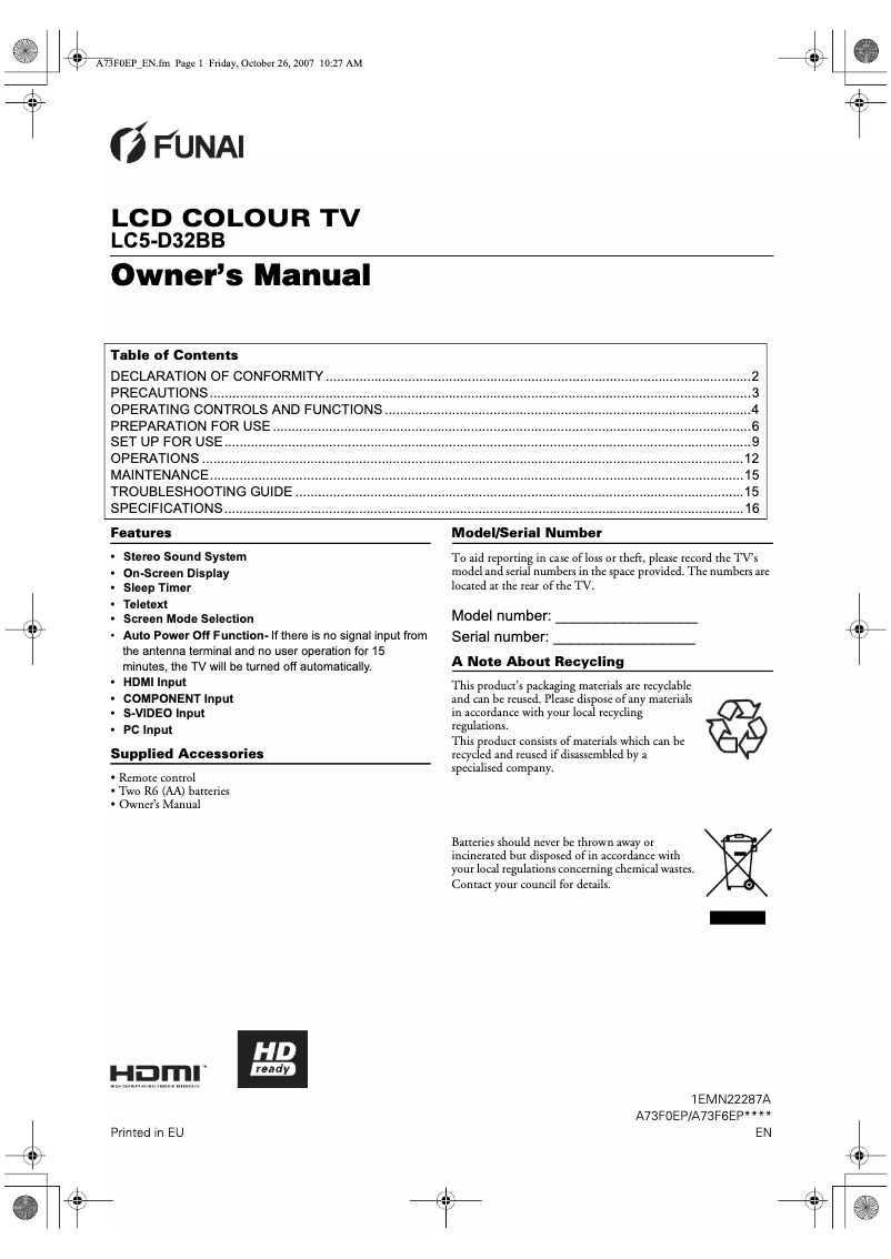 Image de la première page du manuel de l'appareil LC5-D32BB