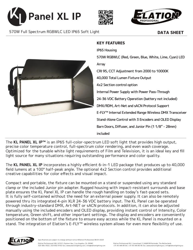 Page 1 de la notice Fiche technique Elation KL PANEL XL IP