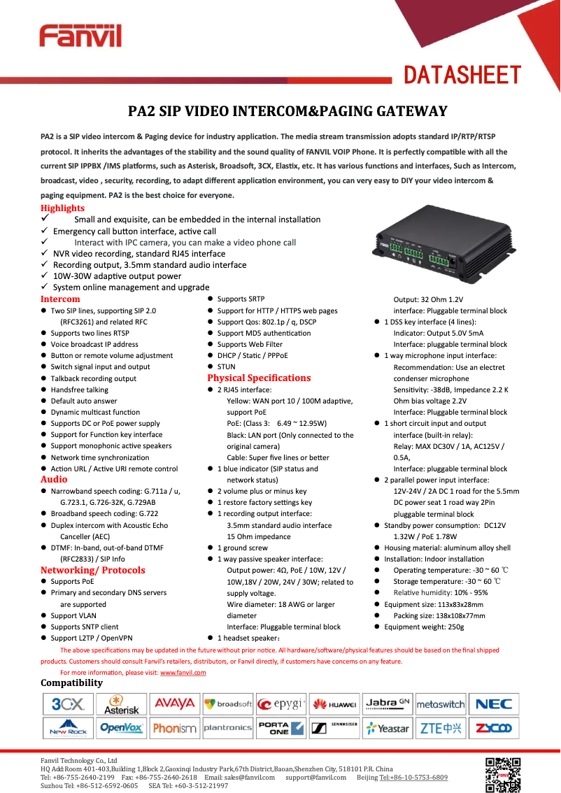 Page 1 de la notice Fiche technique Fanvil PA2