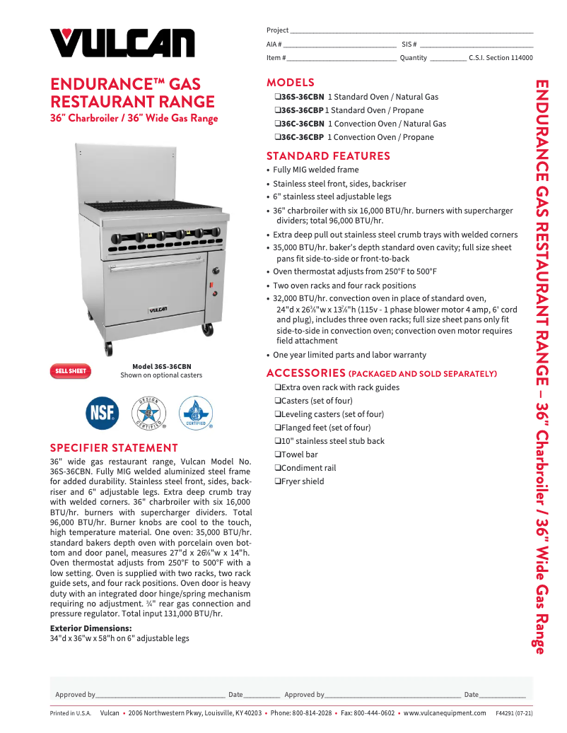 Page 1 de la notice Fiche technique Vulcan 36R-36CB