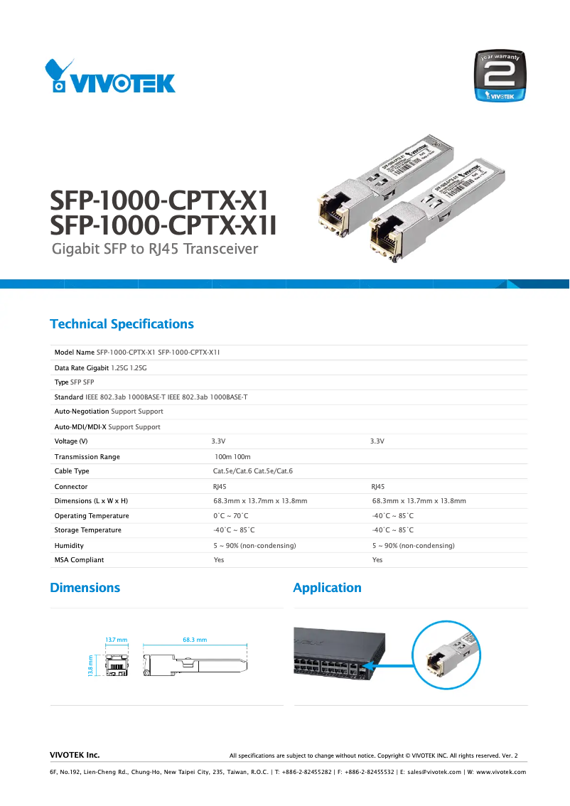 Page 1 de la notice Manuel utilisateur Vivotek SFP-1000-CPTX-X1