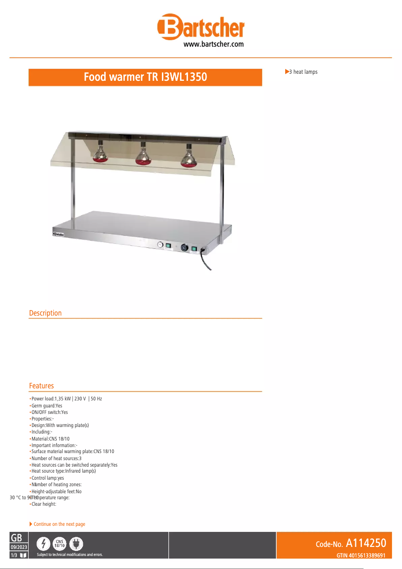 Page 1 de la notice Fiche technique Bartscher TR I3WL1350