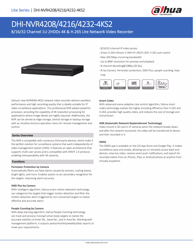 Page 1 de la notice Fiche technique Dahua Technology NVR4208-4KS2