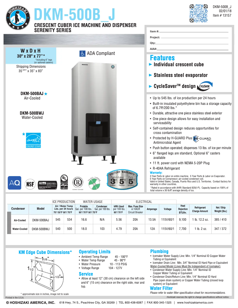 Page 1 de la notice Fiche technique Hoshizaki DKM-500BWJ