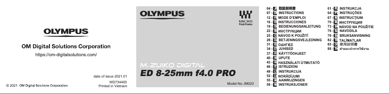 Page 1 de la notice Manuel utilisateur Olympus 8-25mm F4.0 PRO