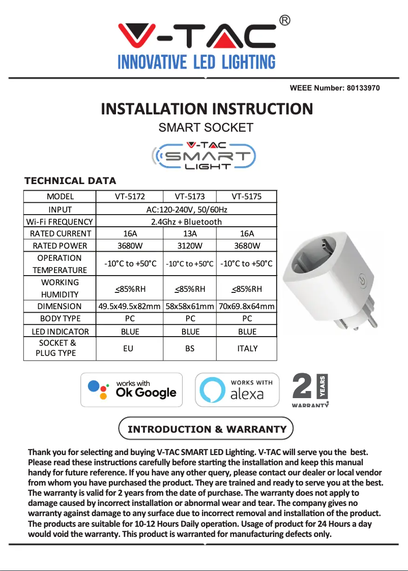 Page 1 de la notice Manuel utilisateur V-TAC VT-5175