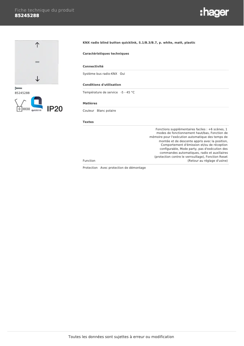 Page 1 de la notice Fiche technique Hager 85245288