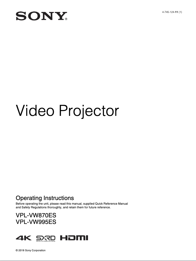 Page n°1 - Manuel utilisateur Sony VPL-VW995ES